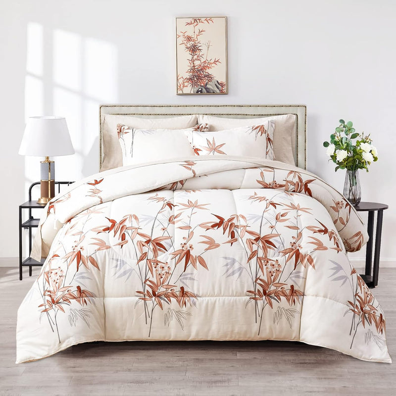 7 Pieces Bed In A Bag Queen Comforter Set With Sheets, Burnt Orange Leaves On