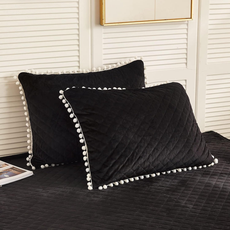 2 Pack Diamond Quilted Velvet Bed Pillowcases, Pom Poms Fringe Decorative Thro