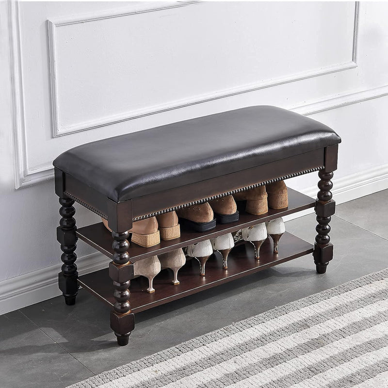 Shoe Storage Bench, Solid Wood Bench With Shoe Storage With Leather Seat For H