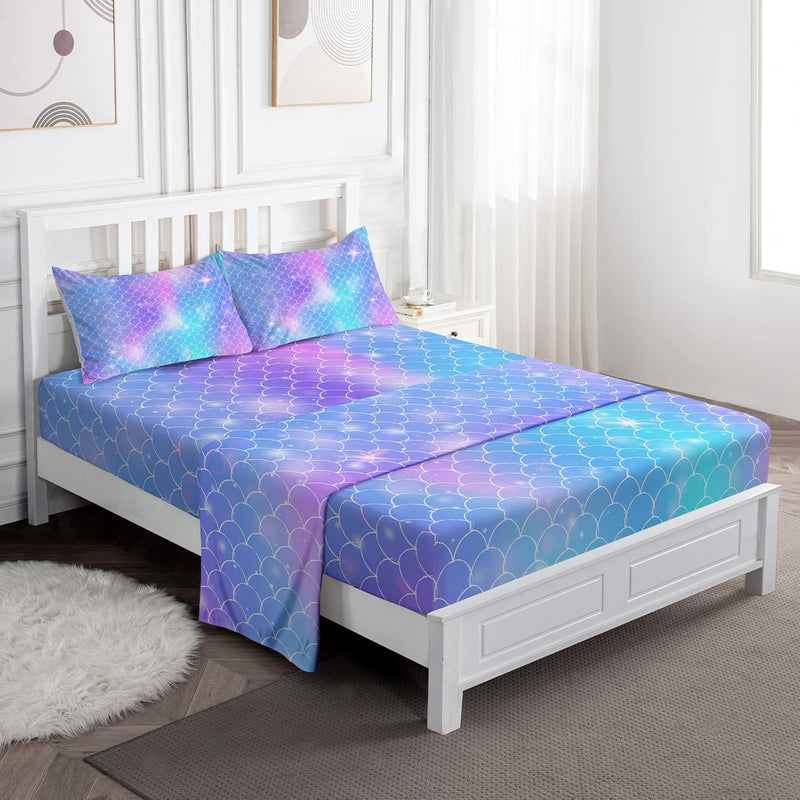 Mermaid Scale Sheet Set, Teens Girls Full Size Printed Soft Microfiber Bed She