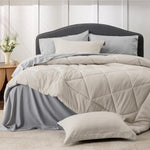 Beige Queen Comforter Set - 7 Pieces Reversible Bed Set Bed In A Bag Queen With Comforters, Sheets, Pillowcases & Shams, Queen Bedding Sets