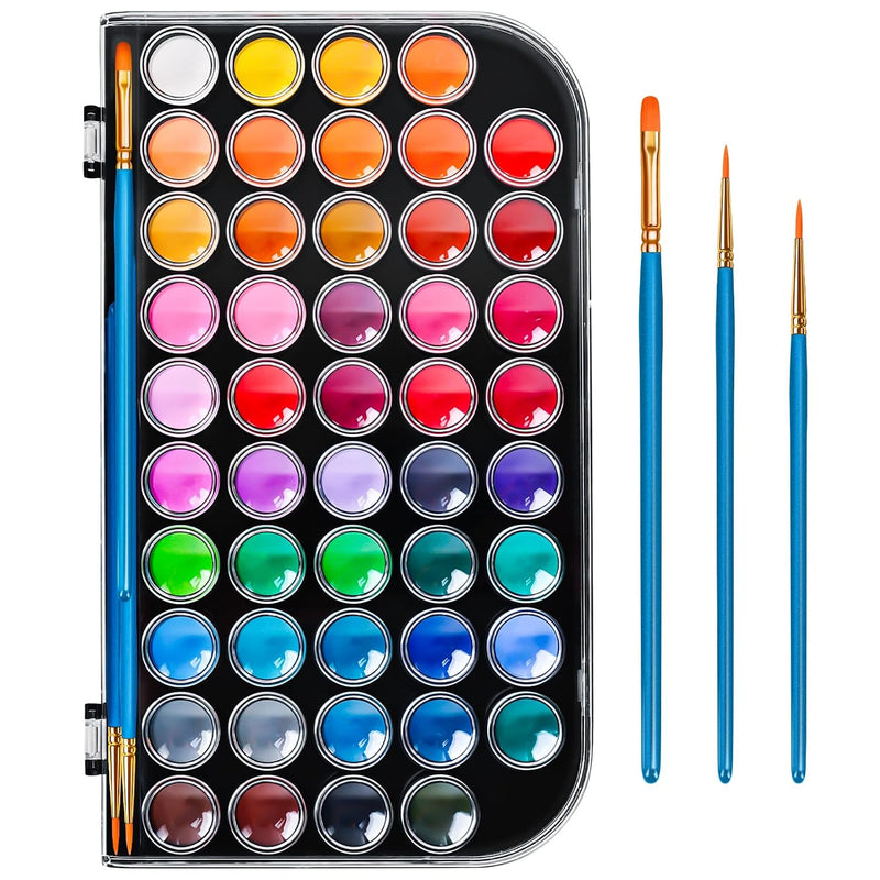 48 Color Solid Watercolor Paint Set with 3 Wooden Brushes for Adults and Kids
