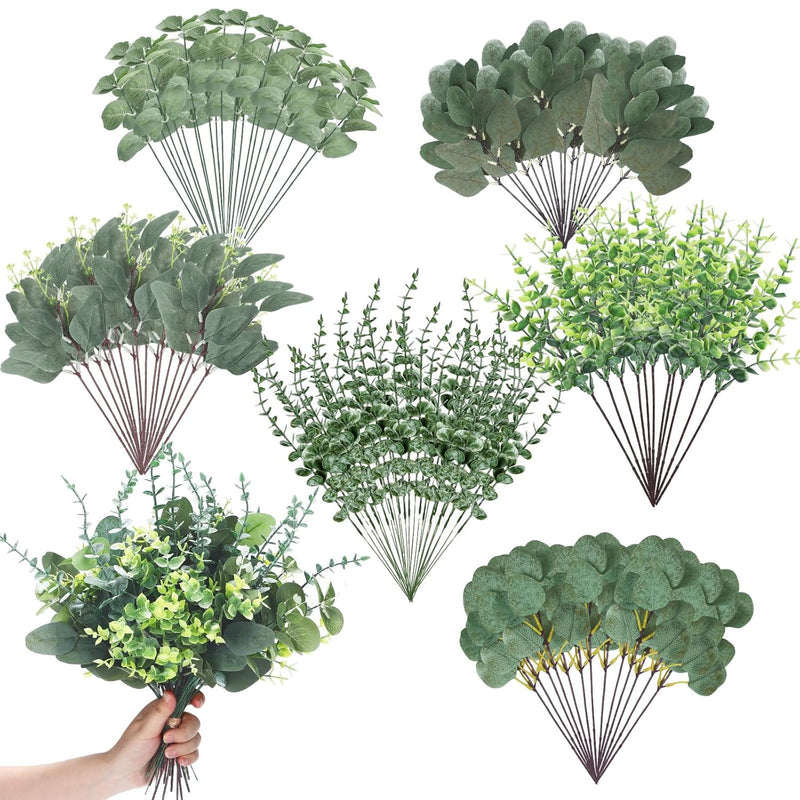 120 Pcs 6 Kinds Mixed Eucalyptus Leaves Stems Bulk Artificial Eucalyptus Leave