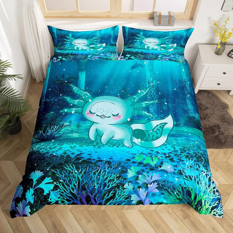 Cartoon 3D Print Axolotl Bedding Set Twin Size,Cute Ocean Animal Duvet Cover W