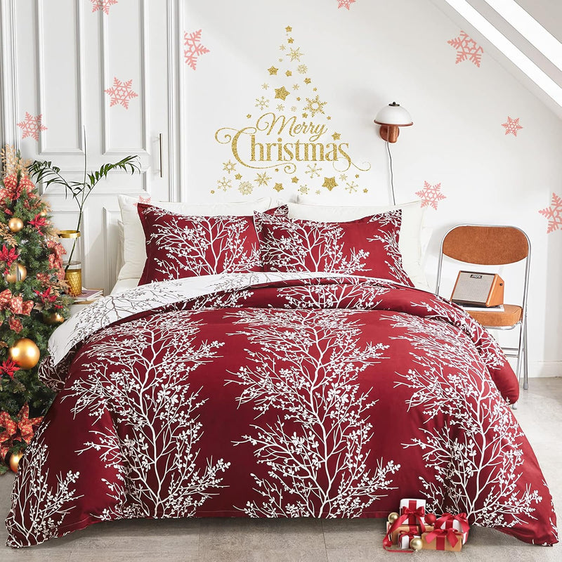 Burgundy Tree Christmas Comforter Set King Size, Red And White Floral Branch B
