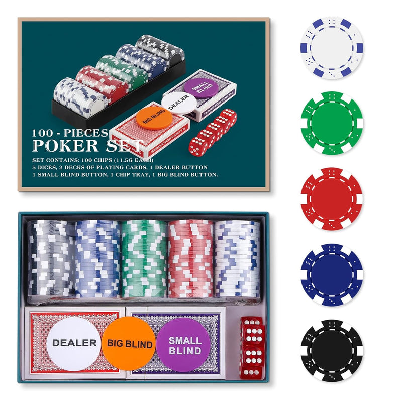 Poker Chip Travel Set, 100Pcs 5 Color Professional Poker Chips In Cardboard
