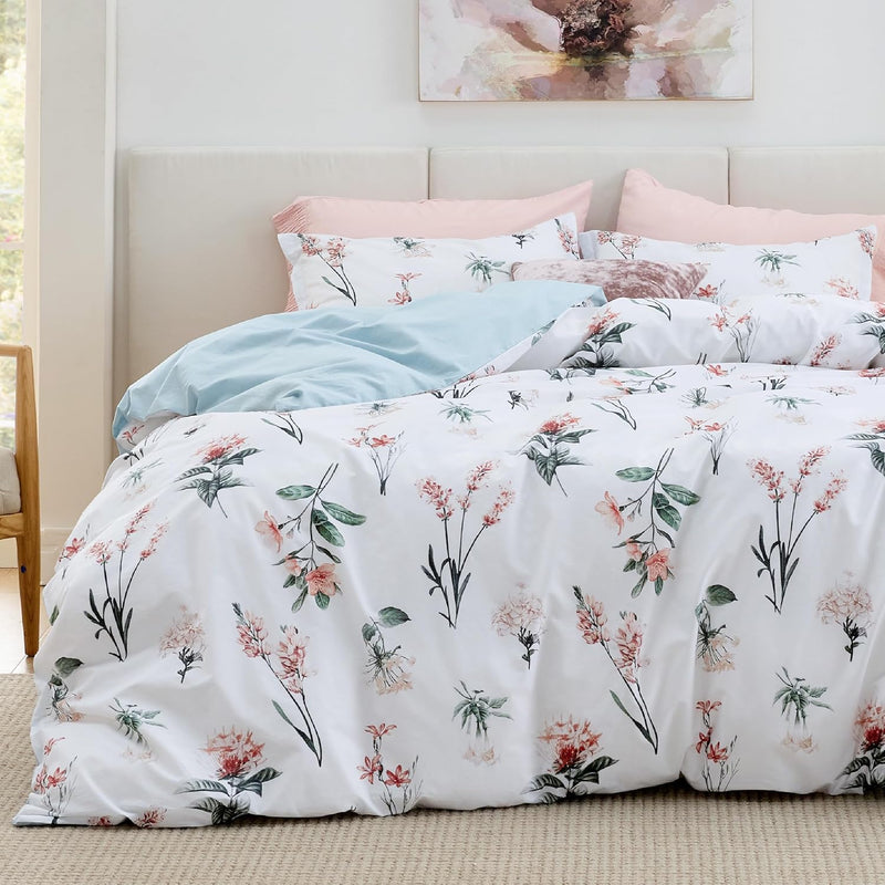 Duvet Cover Queen Size - 100% Cotton Reversible Cute Floral Duvet Cover Set Wi