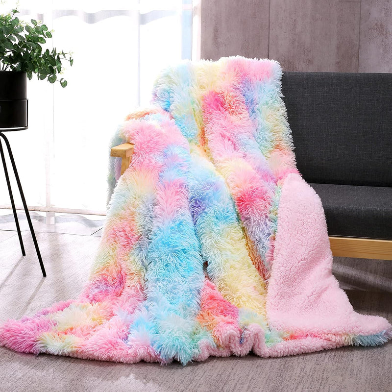 Faux Fur Throw Blanket, Tie Dye Fluffy Blanket, Super Soft Rainbow Blanket For