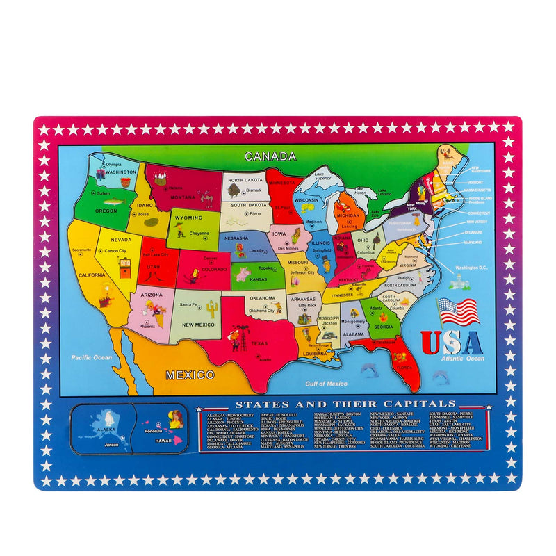 Wooden Usa Map Puzzle, 46 Pieces Us Map Puzzle For Kids, Educational Geogra