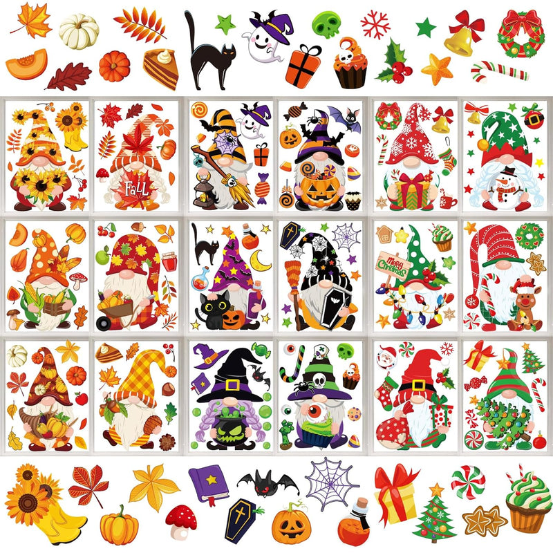 18 Sheet Fall Halloween Christmas Gnome Window Clings Colorful Cute Gnomes Pum