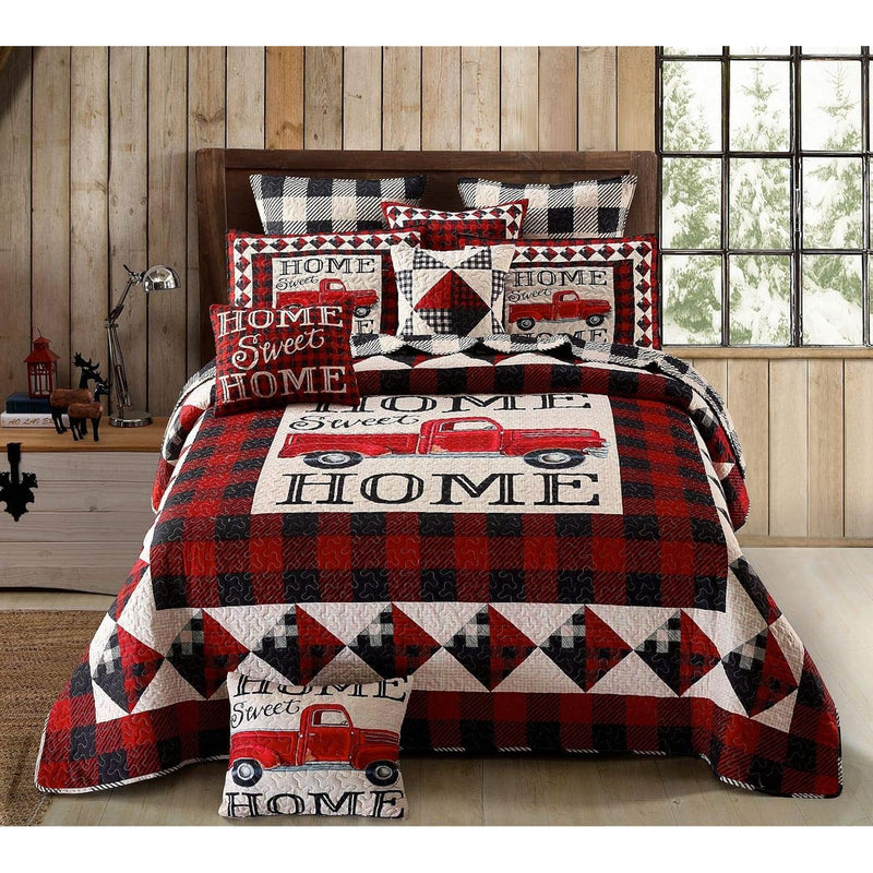 3 Piece King Cabin Quilt Bedding Set - Strain Red Truck Home Sweet Home - Rust