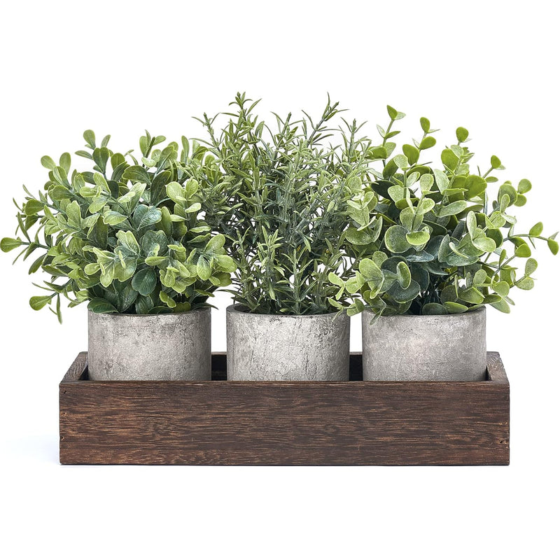 3 Pack Mini Potted Artificial Eucalyptus Fake Plants With Wood Tray Centerpiec