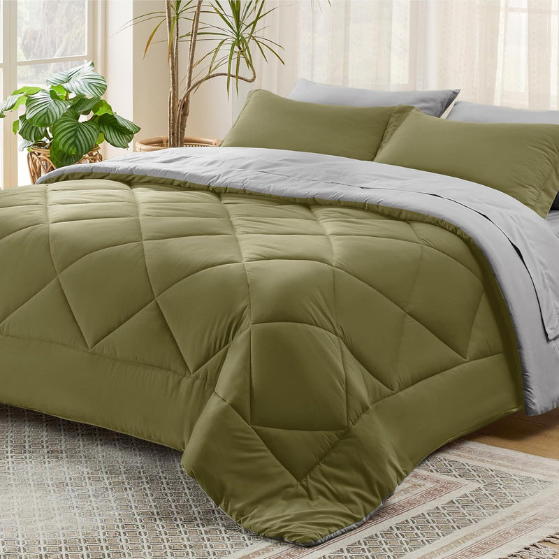 Olive Green Queen Comforter Set - 7 Pieces Reversible Queen Bed In A Bag Queen