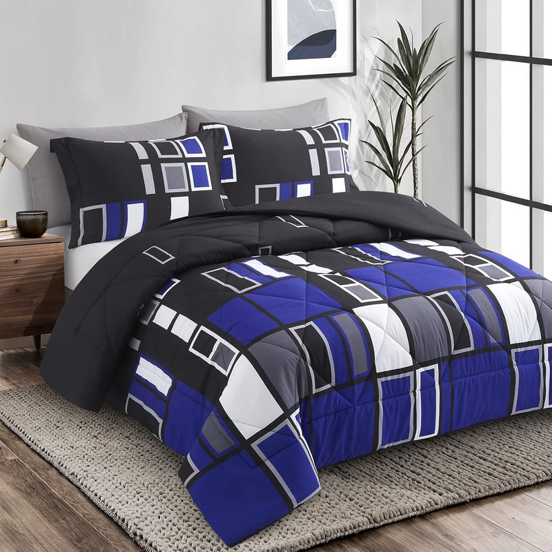 Microfiber 3 Pieces Comforter Set Blue Gray Black Plaid Pattern Lightweight Be