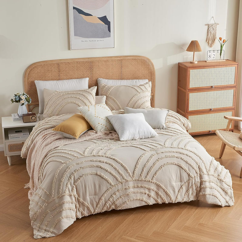 King Size Comforter Set - Beige King Comforter Set, 3 Pieces Boho Tufted Rainb