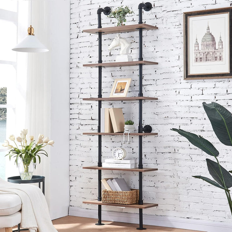 Hombazaar Industrial Bookshelf 6-Tier Modern Ladder Shelf, Vintage Metal Pipes