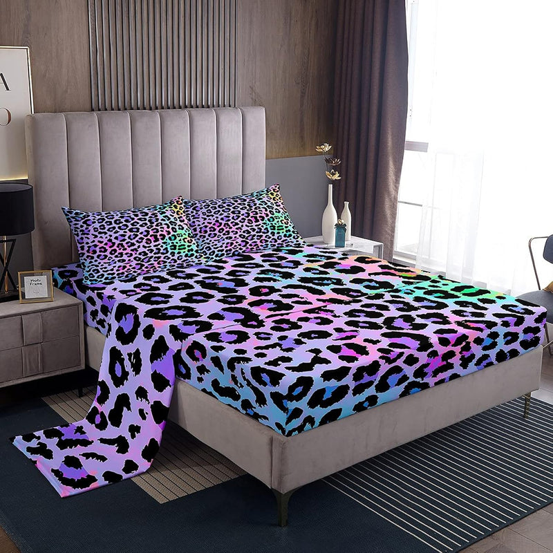 Women Cheetah Printed Sheet Set Full Size, Colorful Leopard Printed Bed Sheets