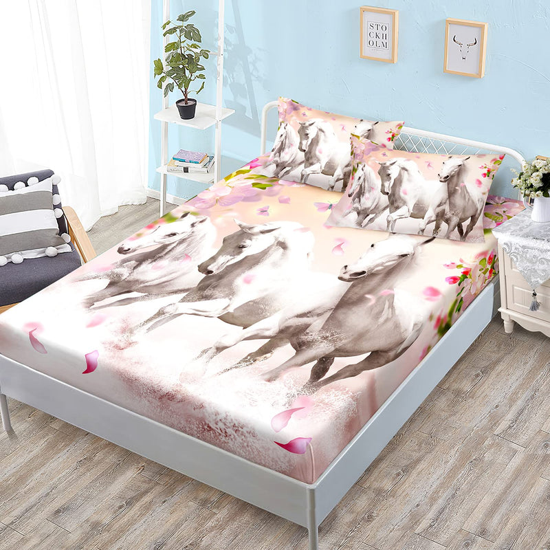 Horse Fitted Sheet,Pink Floral And Horse Bedding,Spring Petals And Running Hor