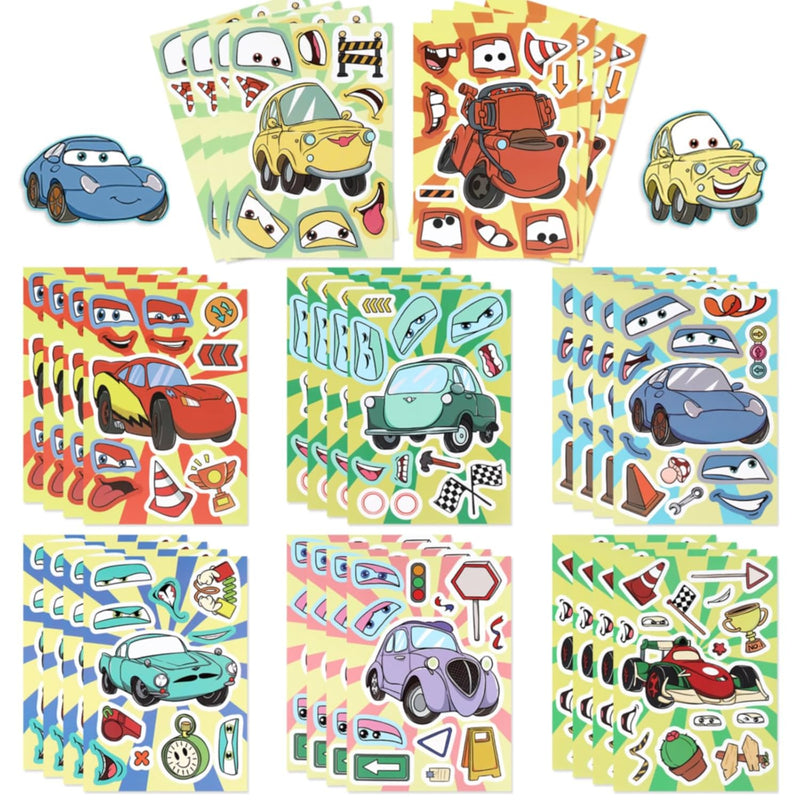 32 Sheets Race Car Make-a-Face Stickers for Kids, DIY Party Favors & Craft Supplies