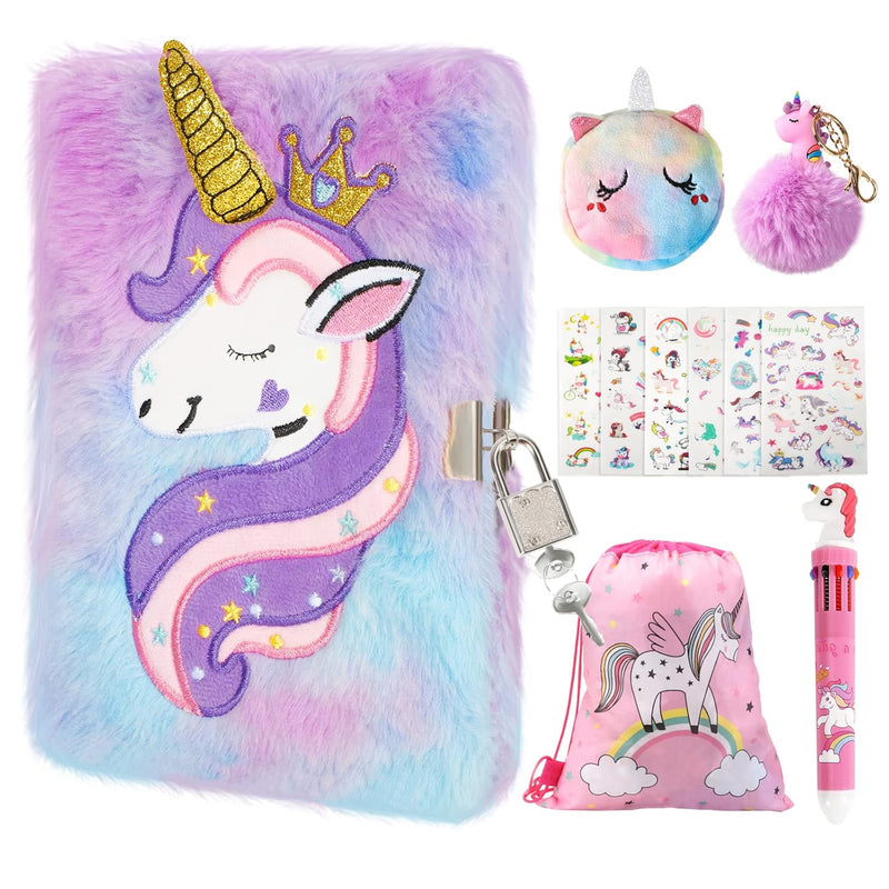 Kids Unicorn Diary With Lock And Key,Tie Dye Fuzzy Journal For Girls Ages 6