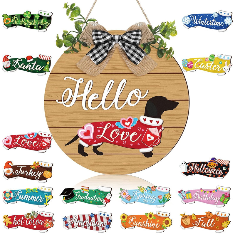 16-Pc Interchangeable Dog Wood Door Hanger Set - Rustic Dachshund Home Decor F