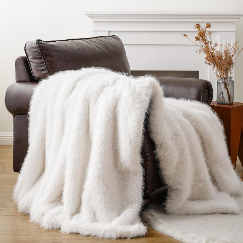 Luxury White Fluffy Faux Fur Throw Blanket, Large Fur Blankets And Throws For