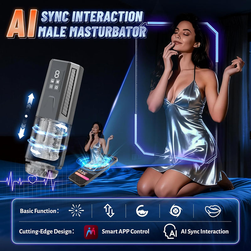 Male Masturbator Sex Toys - Ai Sync Male Sex Toys For Men With 7 Thrusting Rotating Vibrating Licking Adult Toys Pocket Pussy One-Click Burst Blowjob Sex Machine With App Control & Lcd Display