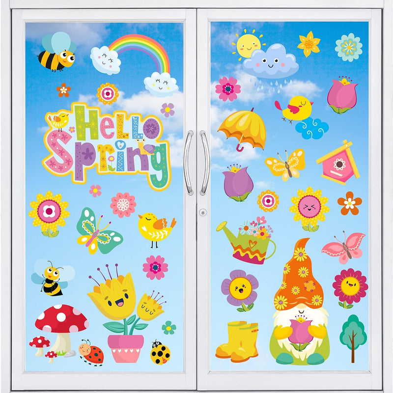 111Pcs Spring Window Clings Stickers Hello Spring Flowers Butterfly Bees Birds