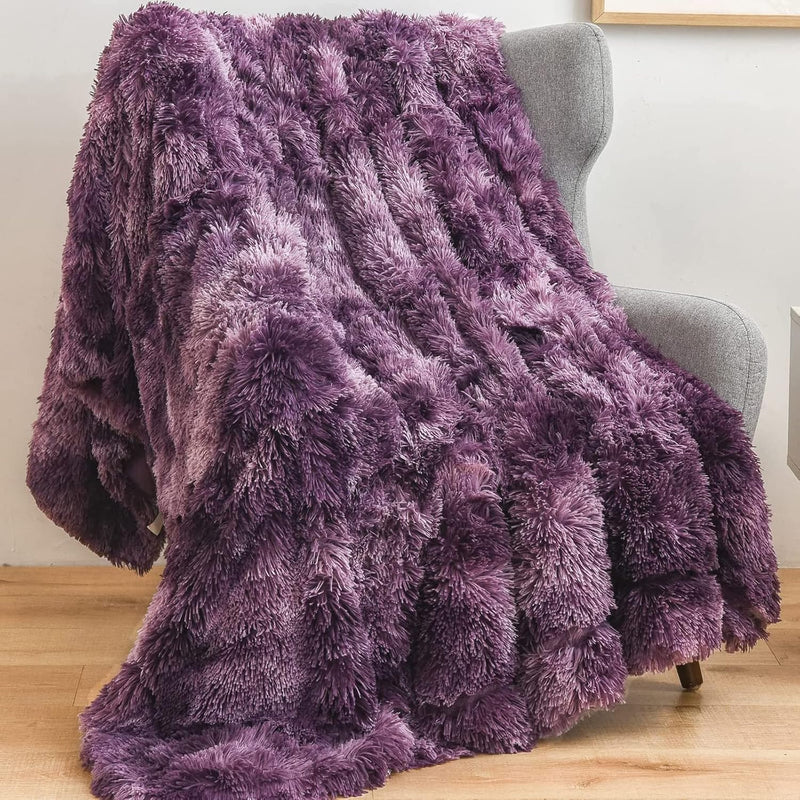 Fuzzy Faux Fur Throw Blanket Tie-Dye Violet Purple Super Soft Cozy Plush Fuzzy
