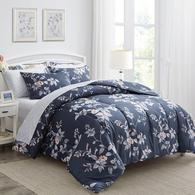7 Piece Bed In A Bag, Floral Bedding Set Queen Size Comforter Set For All Seas
