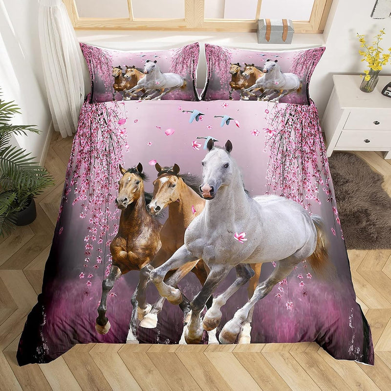Boys Horse Duvet Cover Set Cherry Blossom Branches Steed Kids Bedding Set For