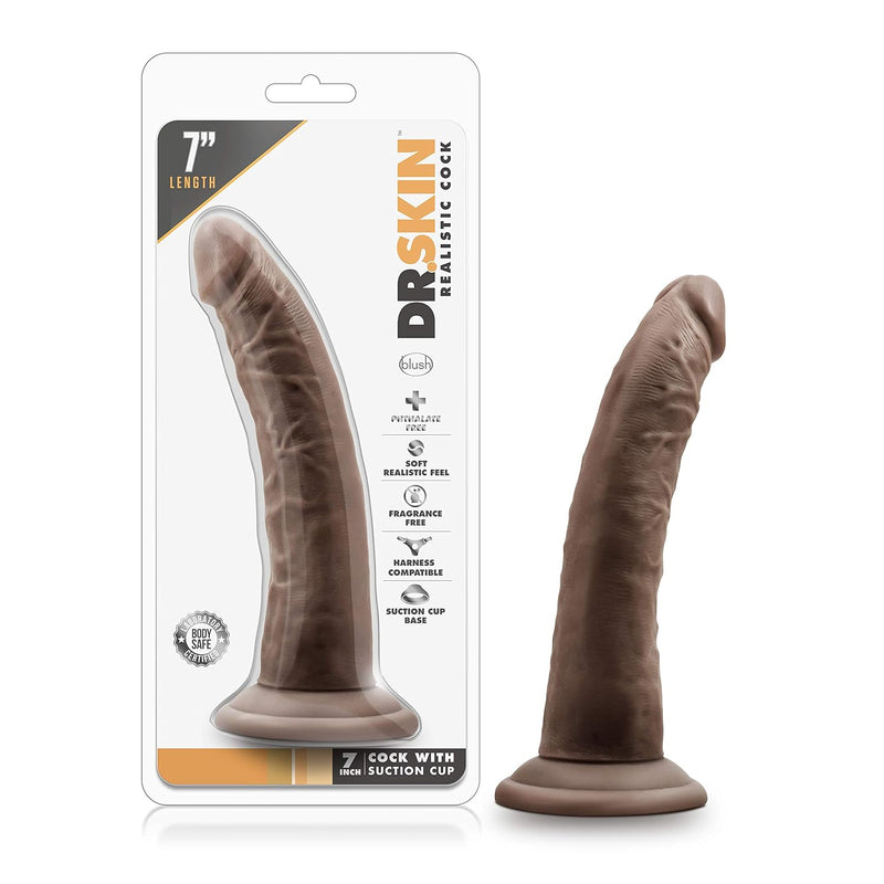 Dr. Skin 7 Inch Realistic Dildo - Soft Lifelike Real Feel - Slim 1.5In. Width - Strap On Harness Compatible Suction Cup For Hands Free Play - Body Safe Sex Toy For Men Women