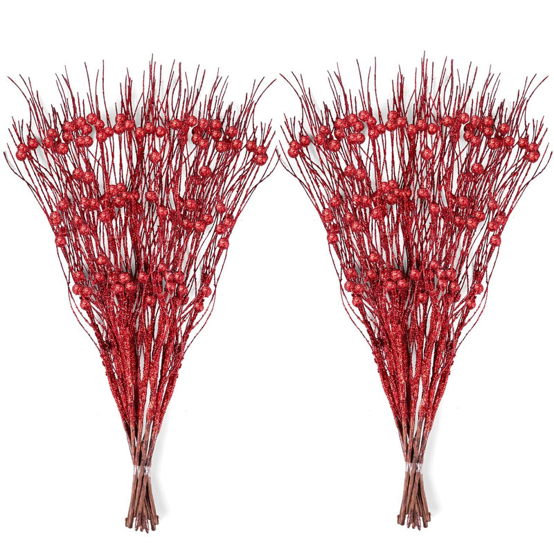 30Pcs Christmas Tree Decorations Red Artificial Glitter Berry Stems Xmas Ornam