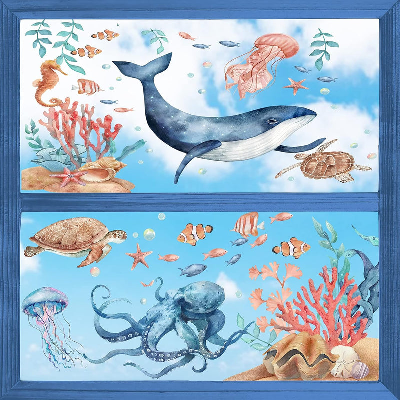 Ocean Sea Window Clings 9 Sheets, Summer Beach Whale Fish Turtle Jellyfish Oct