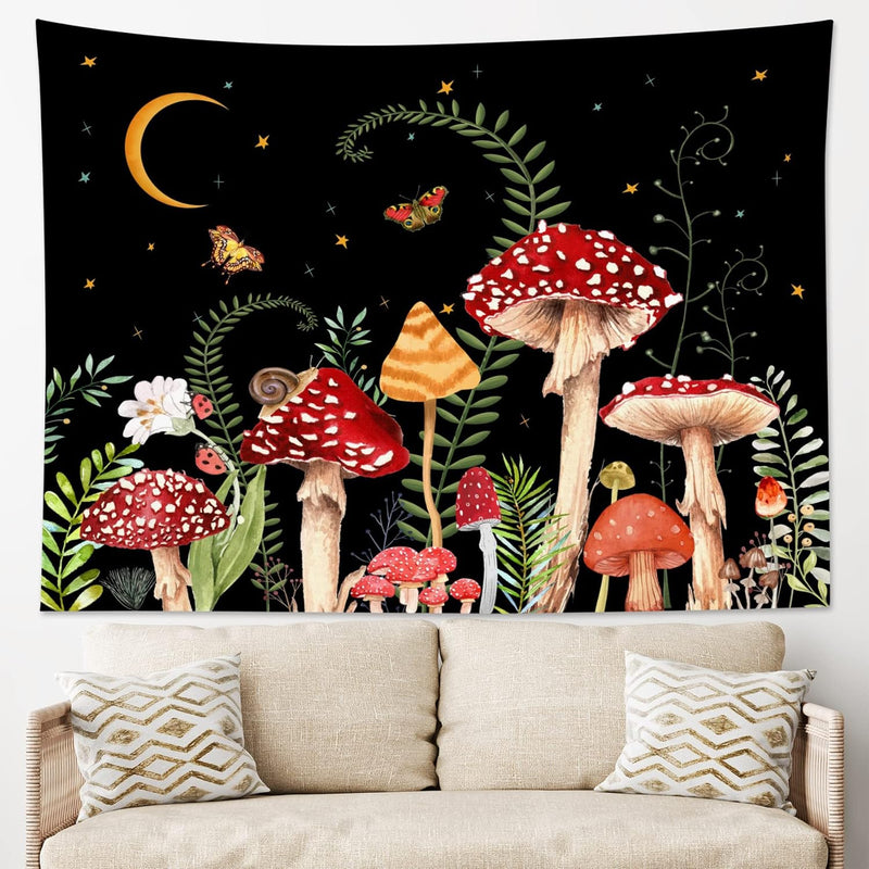 Mushroom Tapestry Colorful Butterfly Tapestry Wall Hanging Moon And Star Black