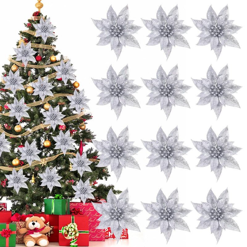 12 Pcs Glitter Poinsettia Artificial Flowers Silver Christmas Xmas Tree Orname
