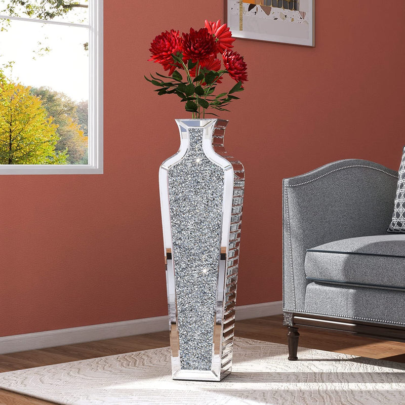 Tall Crushed Diamond Floor Vase Large Silver Mirror Vases For Decor Living Roo