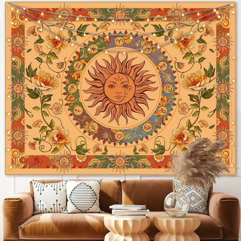 Yellow Sun And Moon Tapestry Hippie Indie Tapestries Boho Orange Flower Floral