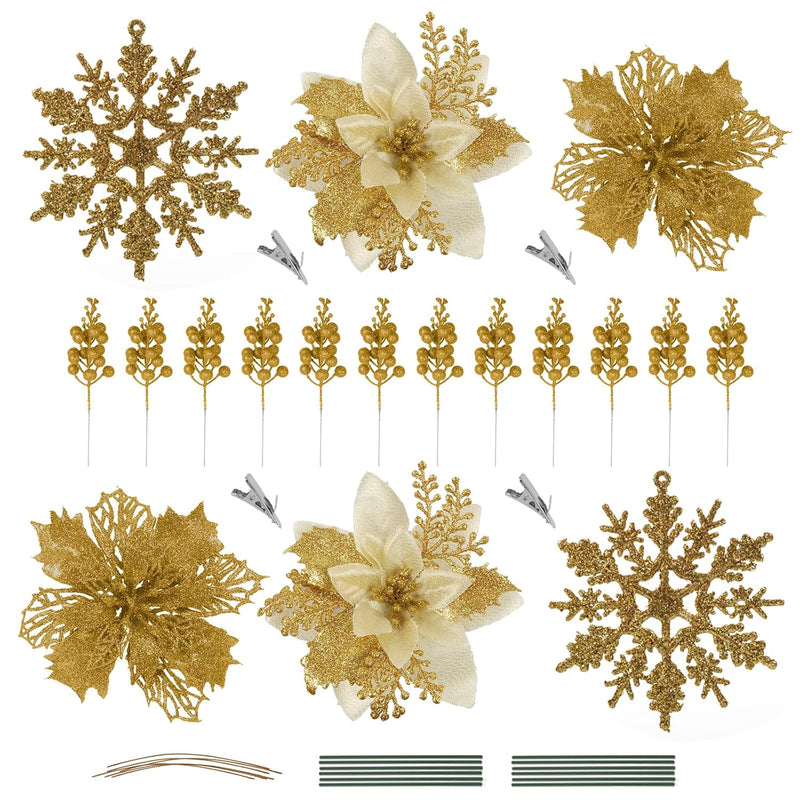 60 Pcs Poinsettia Artificial Flowers Christmas Tree Decor Clip On Set 18 Poins