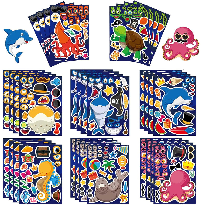32 Pack Sea Animal Make-a-Face Stickers, Underwater Party Favors & Kids Crafts