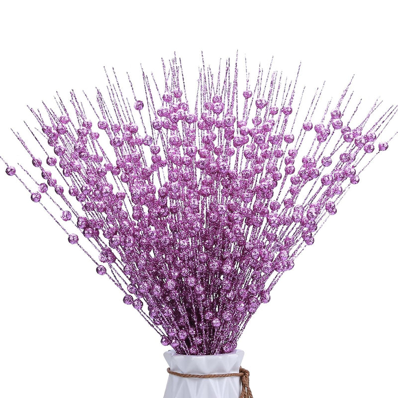 12 Pcs Glittery Berry Stems, Purple-Pink Sparkling Christmas Tree Picks Artifi
