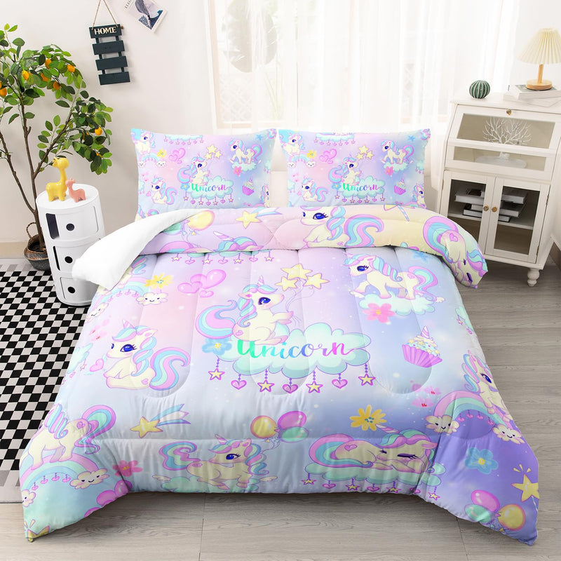 Kid Unicorn Comforter Set Twin Size 3Pcs White Cloud Star Love Heart Pattern Q
