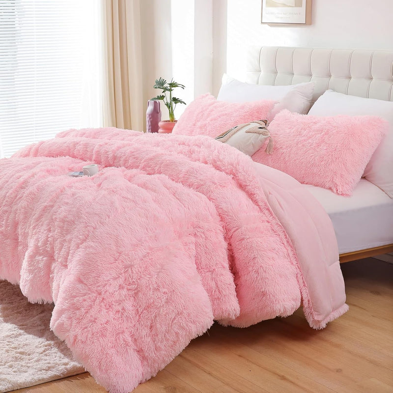 Faux Fur Pink Comforter Set Full Size 3Pcs Fluffy Fuzzy Plush Comforter Set Cu