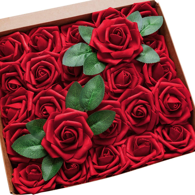 Artificial Flowers Red Roses 50Pcs Real Looking Fake Flowers Foam Roses W/Stem