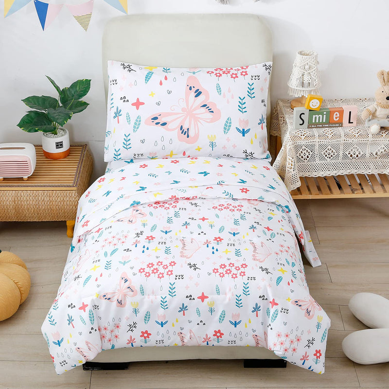 Girls Toddler Bedding Colorful Flower Blossom Comforter Set Cartoon Butterfly