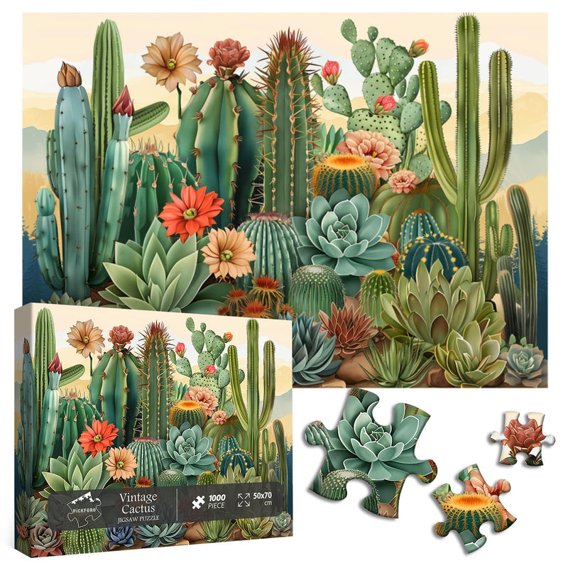 Vintage Cactus Plant Puzzles For Adults 1000 Pieces And Up, Retro Succulent