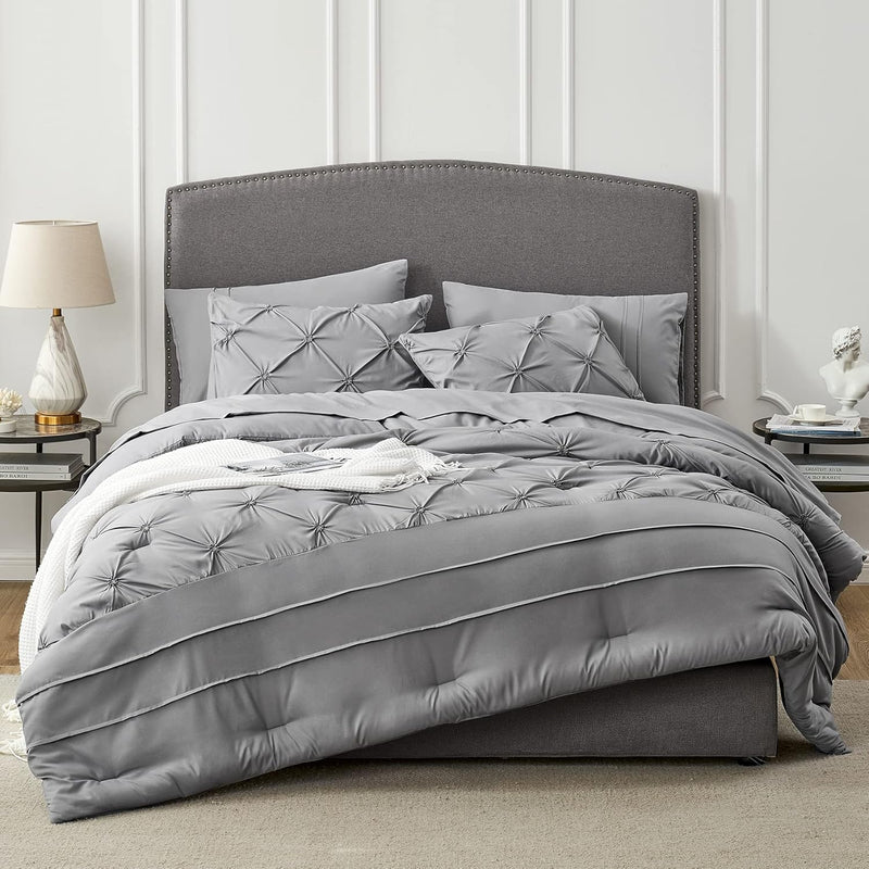 Pintuck Queen Comforter Sets - 7 Pieces Queen Bed In A Bag, Grey Bedding Sets