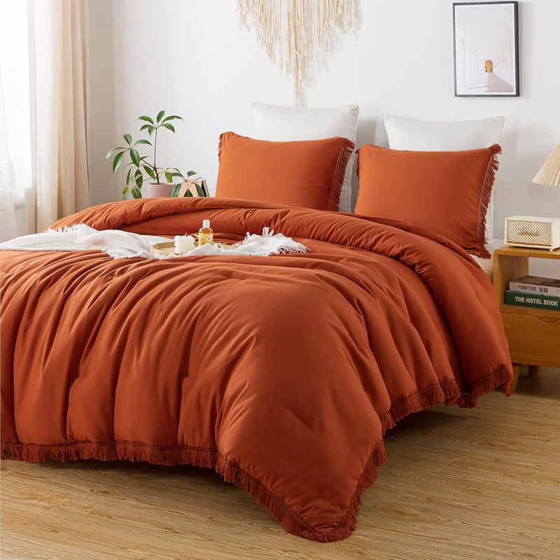 Comforter King Size Set Burnt Orange, 3 Pieces Terracotta Boho Bed Tassel Ligh