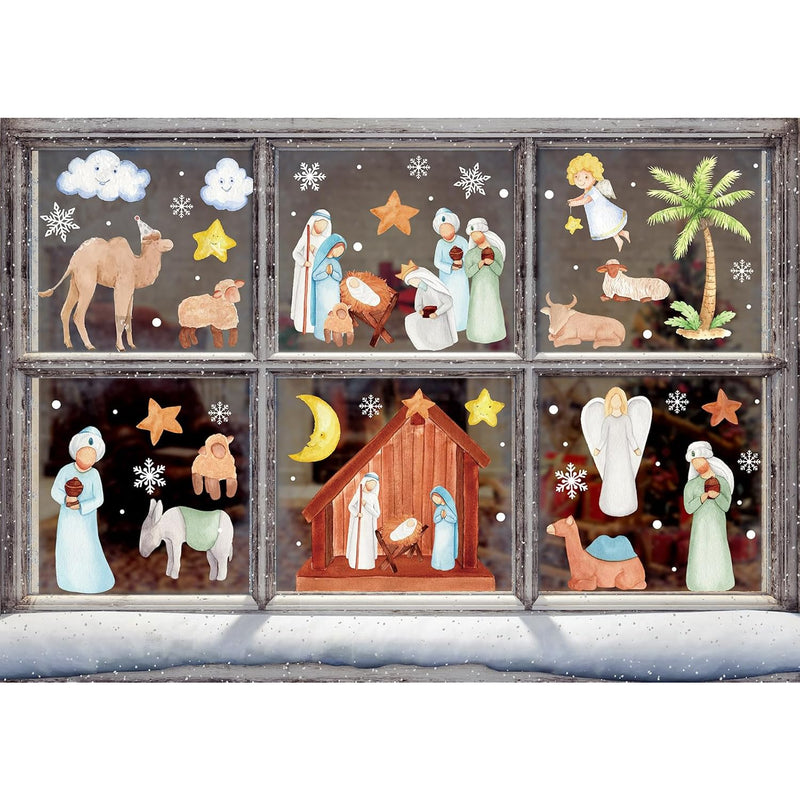 Anydesign 6 Sheet Christmas Window Clings Watercolor Nativity Scene Window Dec