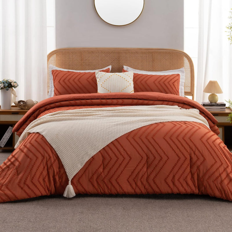 Queen Comforter Set Burnt Orange, Fall Boho Terracotta Lightweight Fluffy Bedd